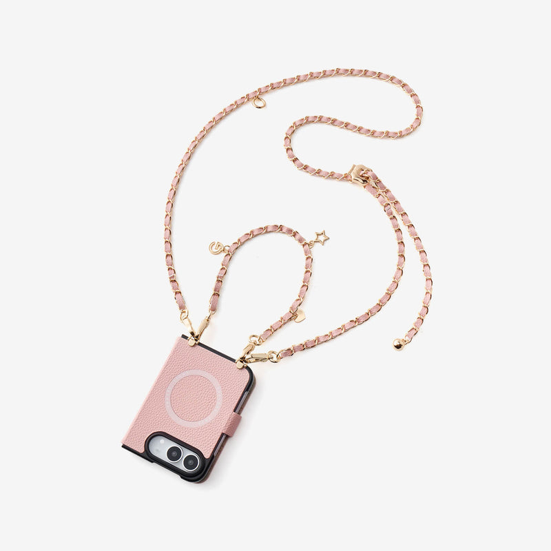 Pink iPhone Duo MagSafe case with elegant chain strap and wristlet chain design combining fashion and practical phone carry