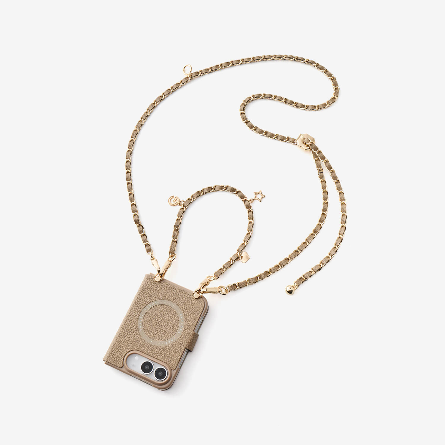 Premium taupe iPhone Duo case with decorative chain strap and elegant gold hardware details