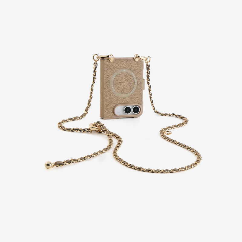 Crossbody phone case for iPhone Duo with elegant chain strap and premium taupe leather texture