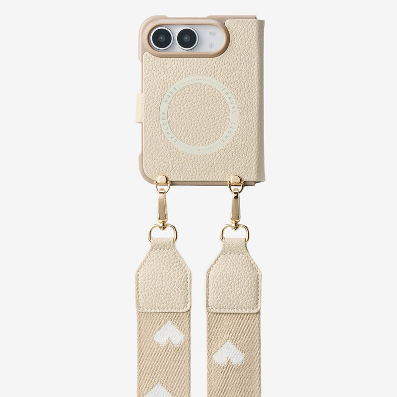 iPhone DUO MagSafe case with beige leather exterior and versatile strap attachment system