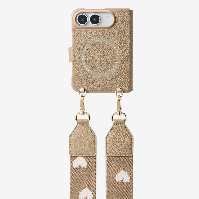 Taupe iPhone DUO MagSafe case with leather texture and versatile strap design for daily carry