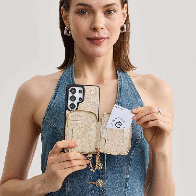 Taupe Samsung S26 Ultra phone case with magnetic wallet for everyday use

