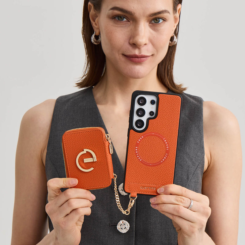 Orange stylish Samsung S26 Ultra phone case with detachable wallet
 for shopping




