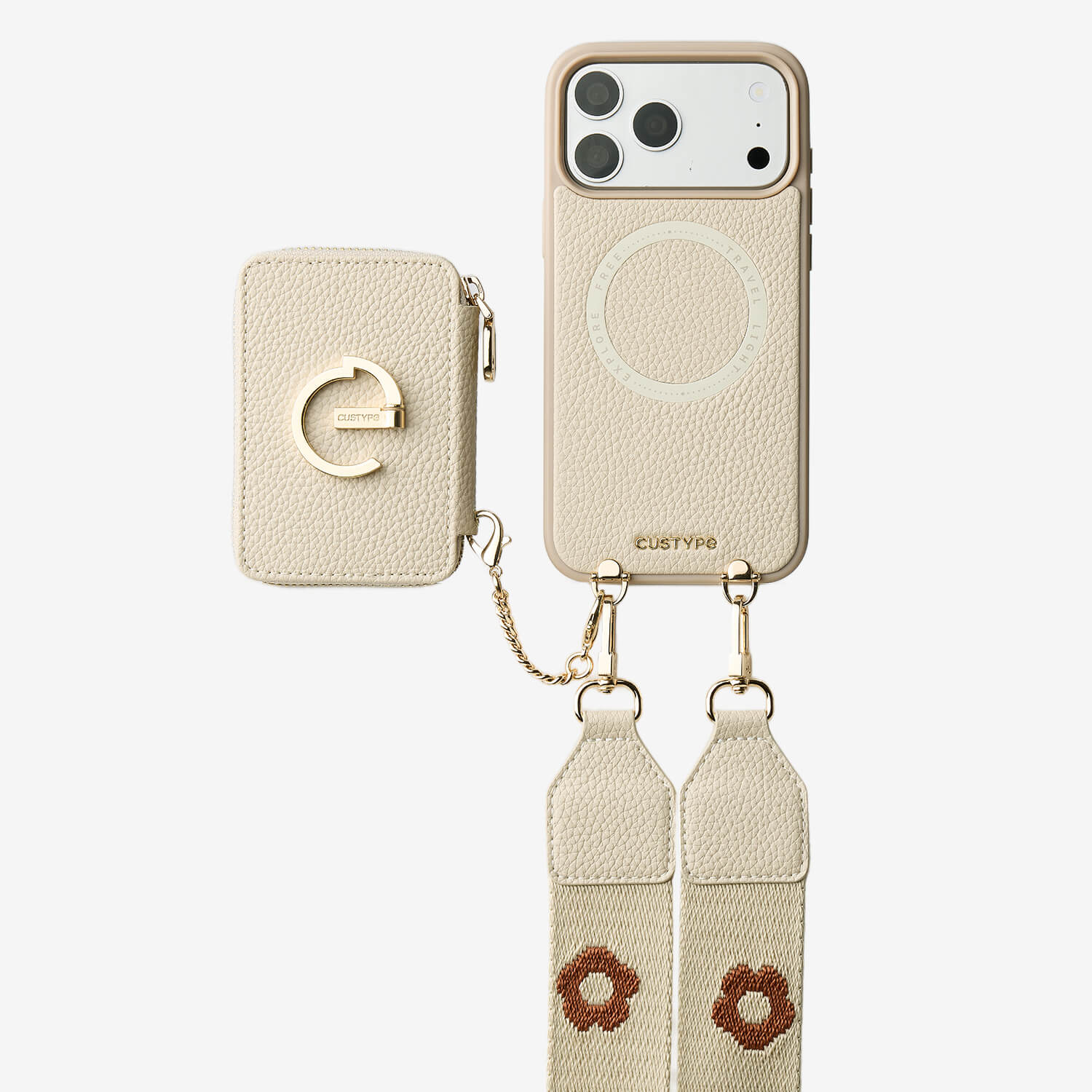 フラワー・ハッシュー製クロスボディスマホケース（ウォレット＆スタンド付き）