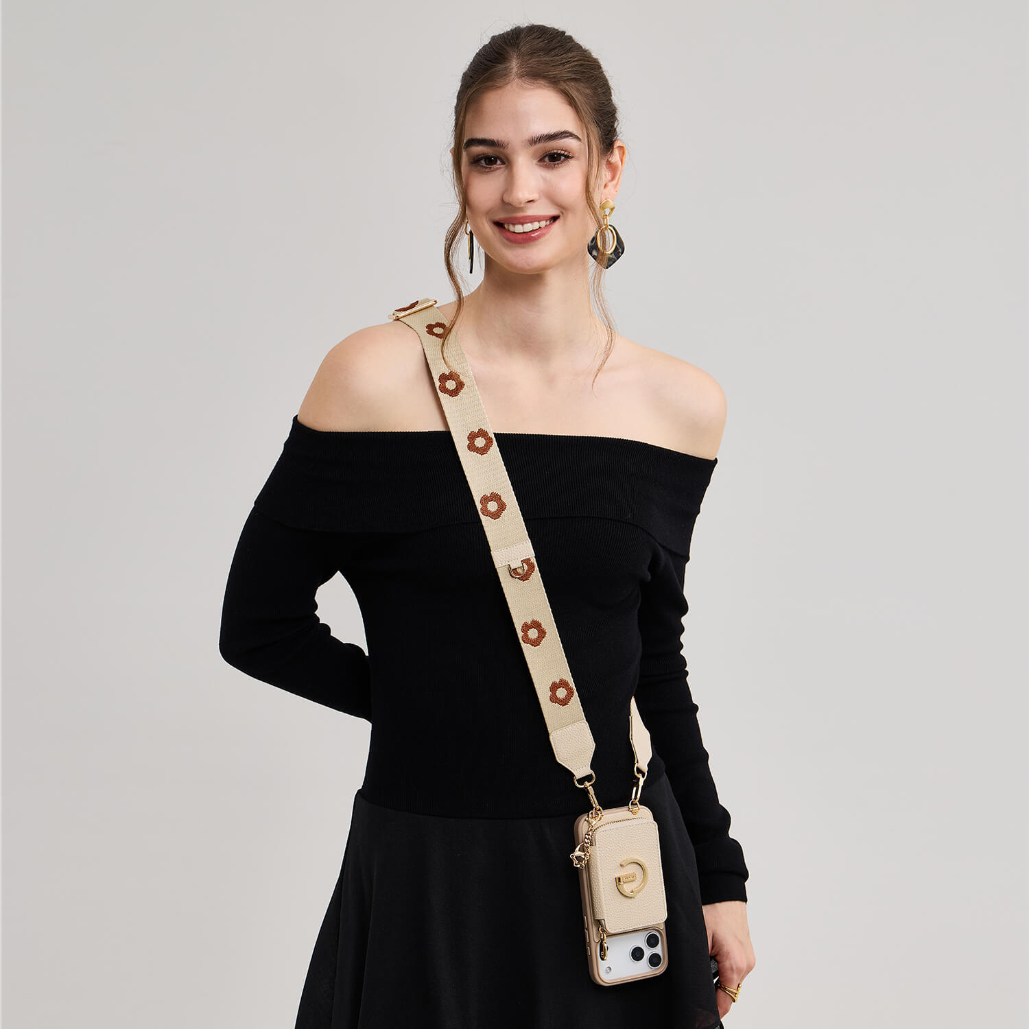 フラワー・ハッシュー製クロスボディスマホケース（ウォレット＆スタンド付き）