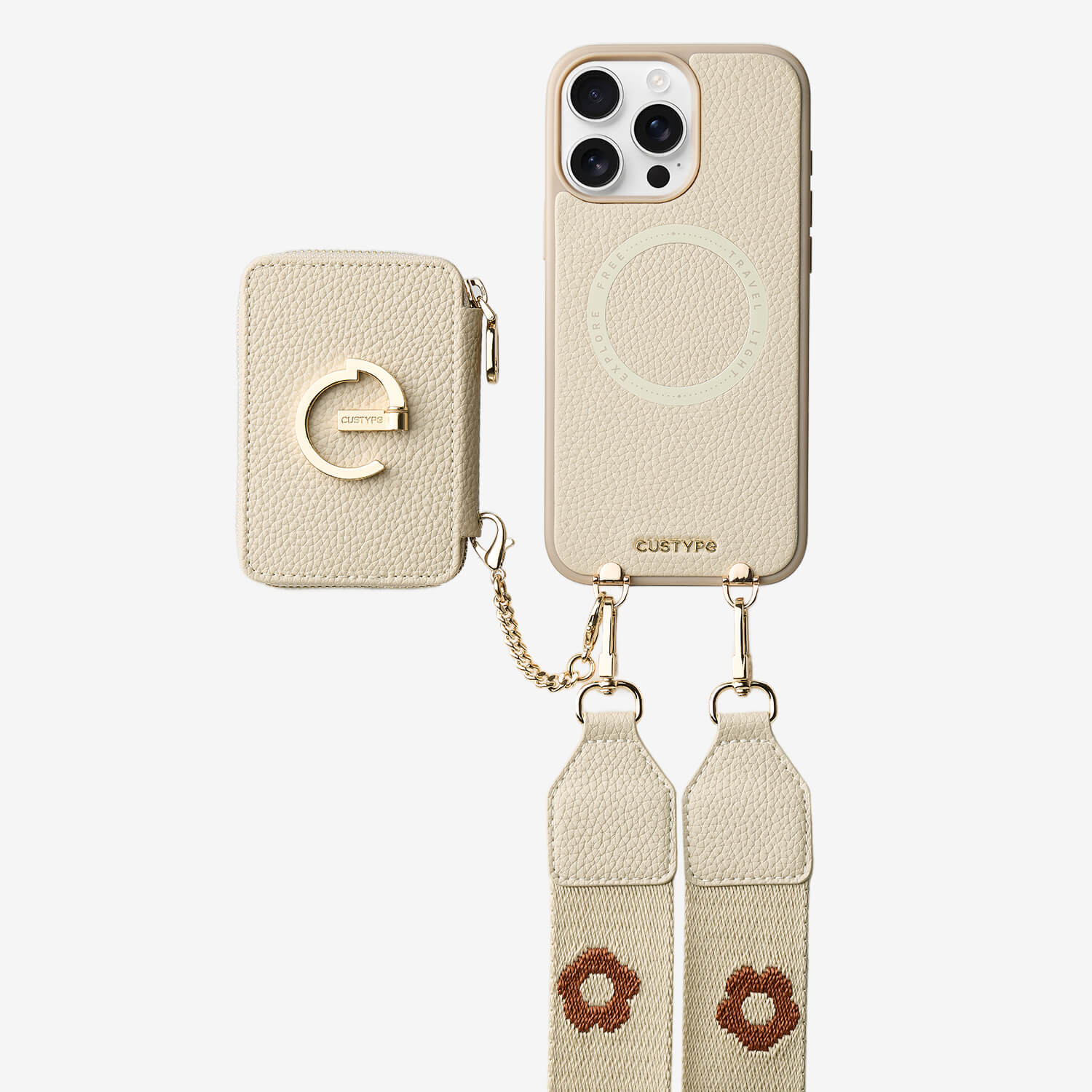 フラワー・ハッシュー製クロスボディスマホケース（ウォレット＆スタンド付き）