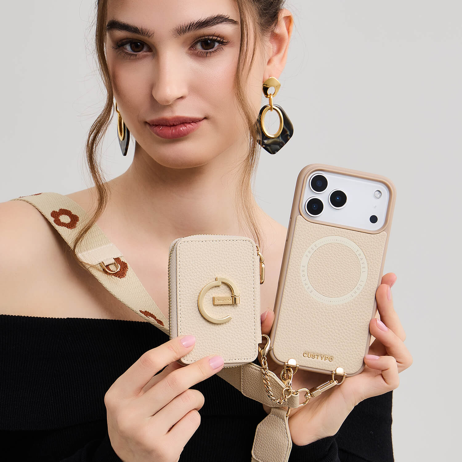 フラワー・ハッシュー製クロスボディスマホケース（ウォレット＆スタンド付き）