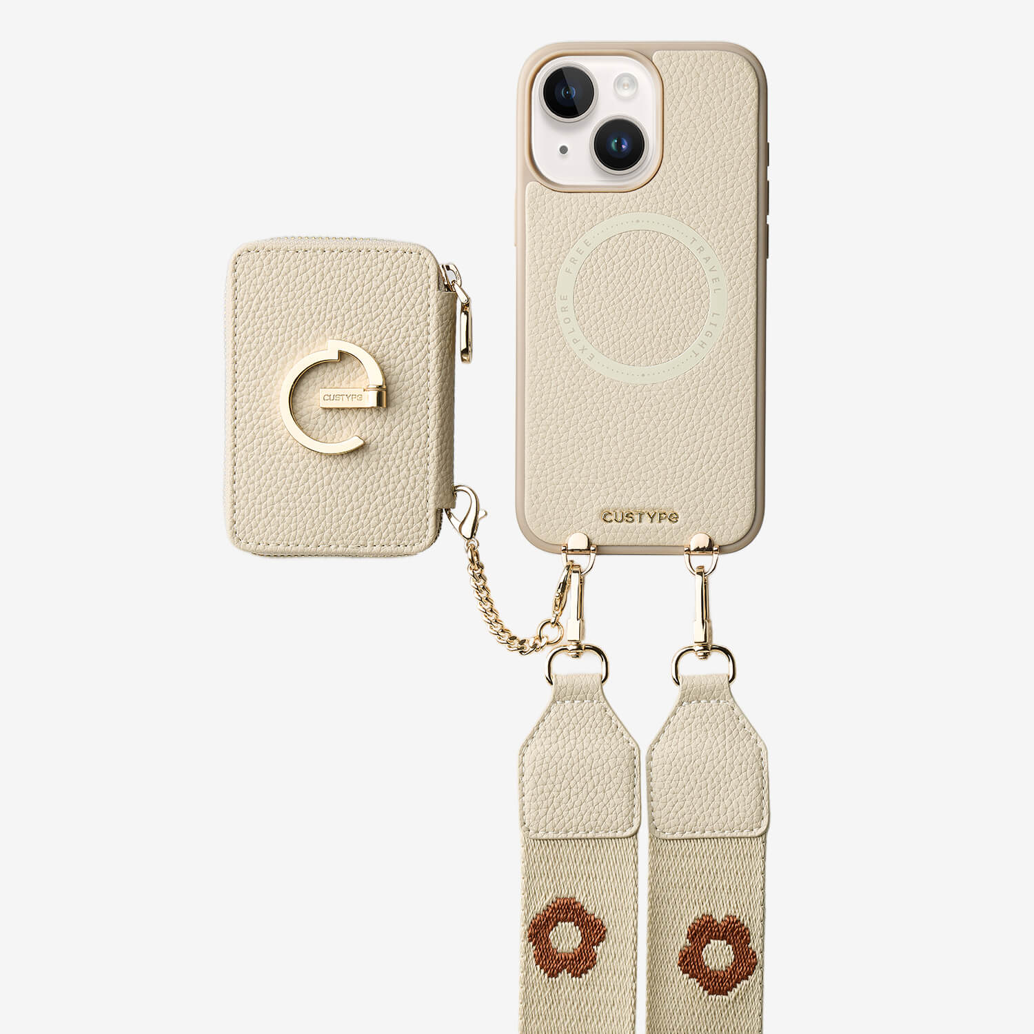 フラワー・ハッシュー製クロスボディスマホケース（ウォレット＆スタンド付き）