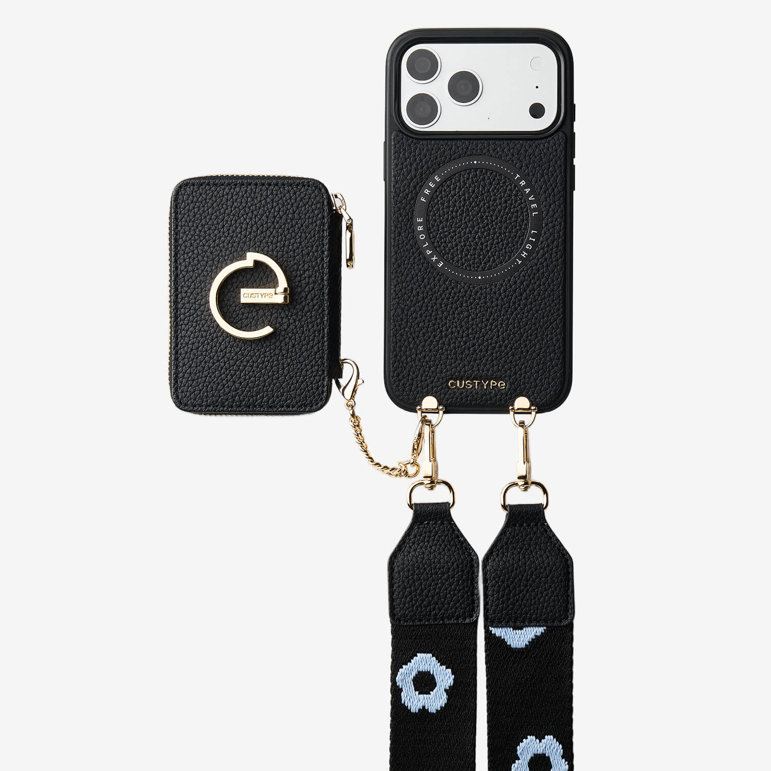 フラワー・ハッシュー製クロスボディスマホケース（ウォレット＆スタンド付き）