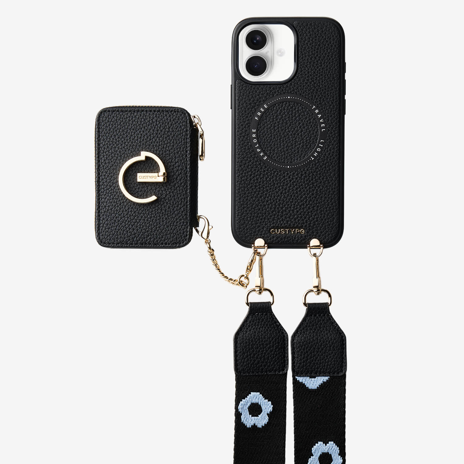 フラワー・ハッシュー製クロスボディスマホケース（ウォレット＆スタンド付き）