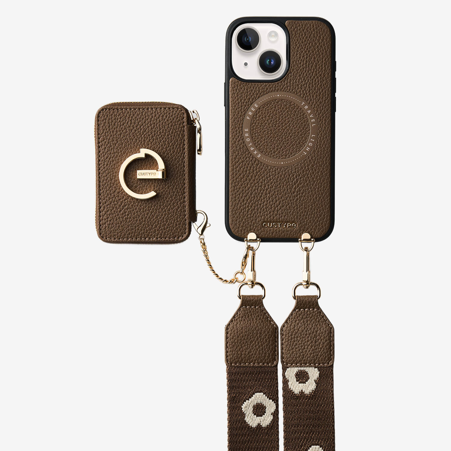 フラワー・ハッシュー製クロスボディスマホケース（ウォレット＆スタンド付き）