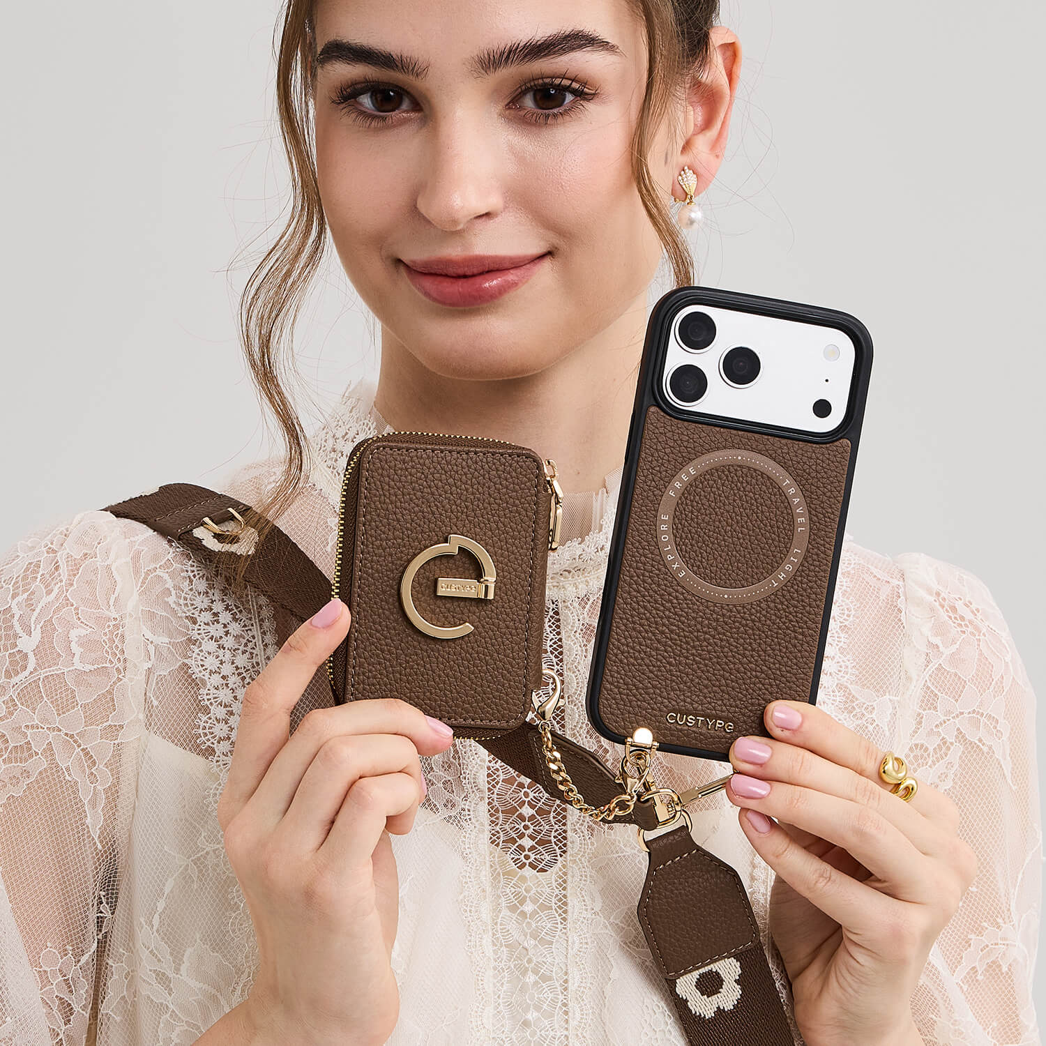 フラワー・ハッシュー製クロスボディスマホケース（ウォレット＆スタンド付き）