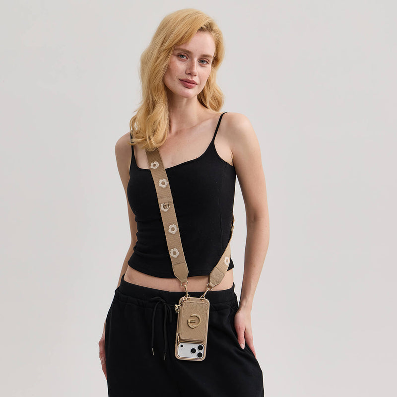 フラワー・ハッシュー製クロスボディスマホケース（ウォレット＆スタンド付き）