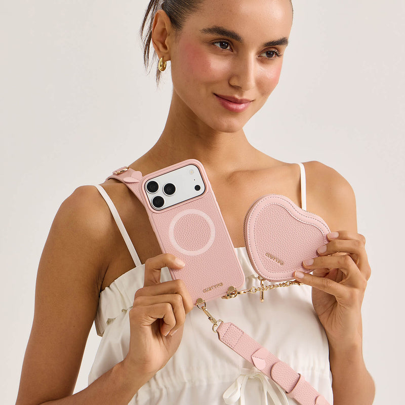 Unity Style- Leather iPhone Case with Raised Heart Crossbody Strap-Mobile Phone Cases-Custype
