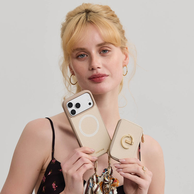 Silk Flair Set- Lychee Wrist Strap Wireless Charging Phone Case with Card Holder & Stand-Mobile Phone Cases-Custype