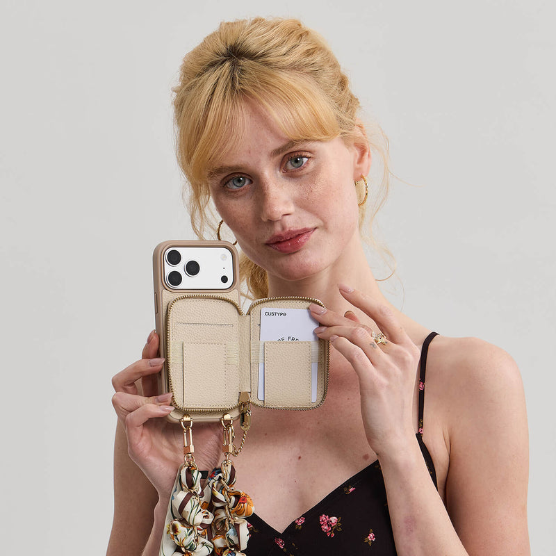 Silk Flair Set- Lychee Wrist Strap Wireless Charging Phone Case with Card Holder & Stand-Mobile Phone Cases-Custype