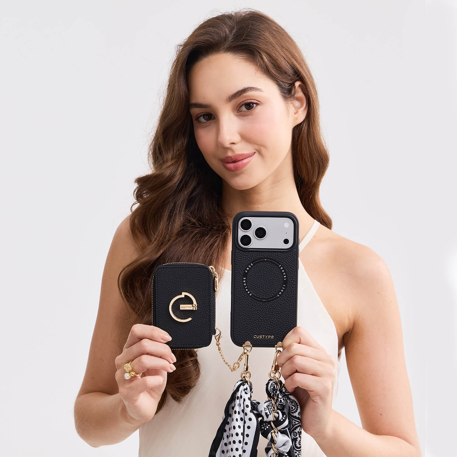 Silk Flair Set- Lychee Wrist Strap Wireless Charging Phone Case with Card Holder & Stand