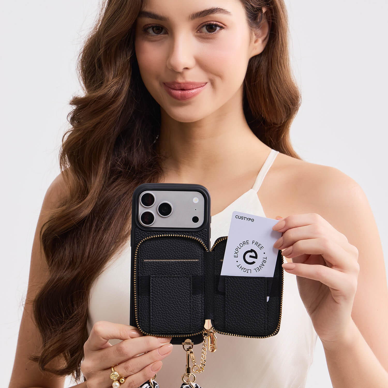 Silk Flair Set- Lychee Wrist Strap Wireless Charging Phone Case with Card Holder & Stand