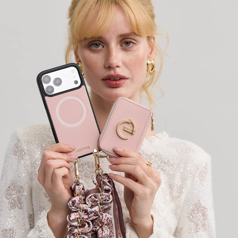 Silk Flair Set- Lychee Wrist Strap Wireless Charging Phone Case with Card Holder & Stand