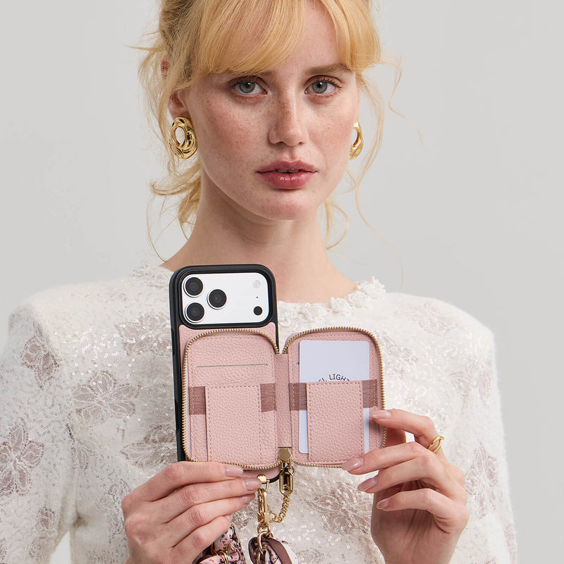 Silk Flair Set- Lychee Wrist Strap Wireless Charging Phone Case with Card Holder & Stand