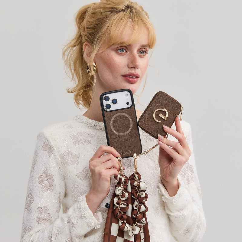 Silk Flair Set- Lychee Wrist Strap Wireless Charging Phone Case with Card Holder & Stand