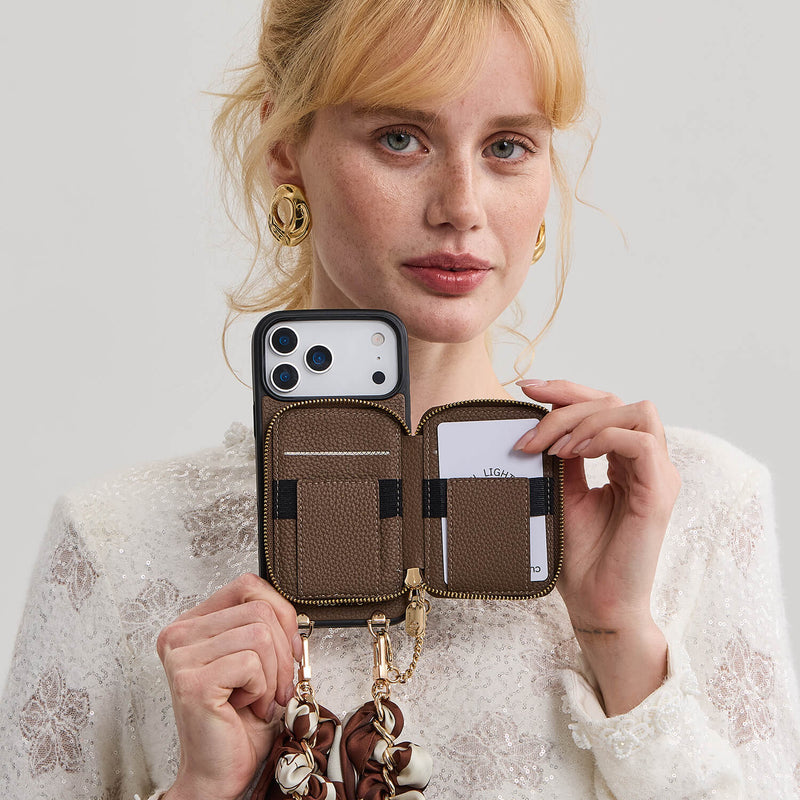 Silk Flair Set- Lychee Wrist Strap Wireless Charging Phone Case with Card Holder & Stand