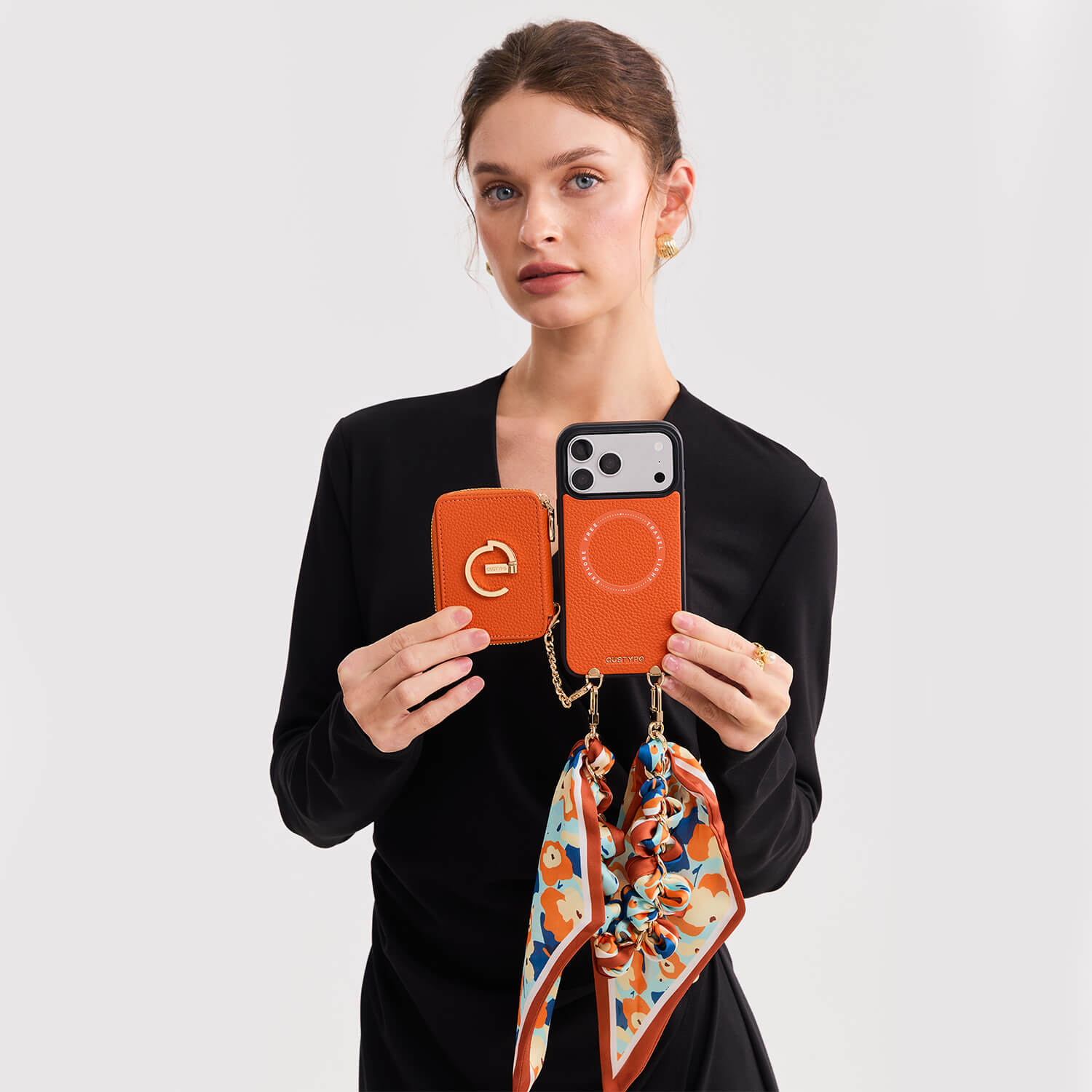 Silk Flair Set- Lychee Wrist Strap Wireless Charging Phone Case with Card Holder & Stand