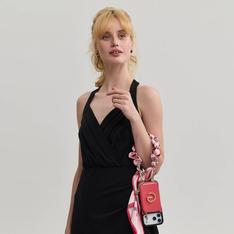 Silk Flair Set- Lychee Wrist Strap Wireless Charging Phone Case with Card Holder & Stand