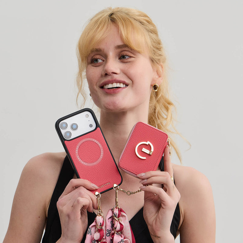 Silk Flair Set- Lychee Wrist Strap Wireless Charging Phone Case with Card Holder & Stand