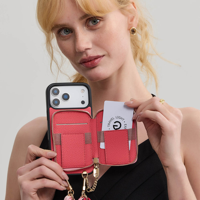 Silk Flair Set- Lychee Wrist Strap Wireless Charging Phone Case with Card Holder & Stand