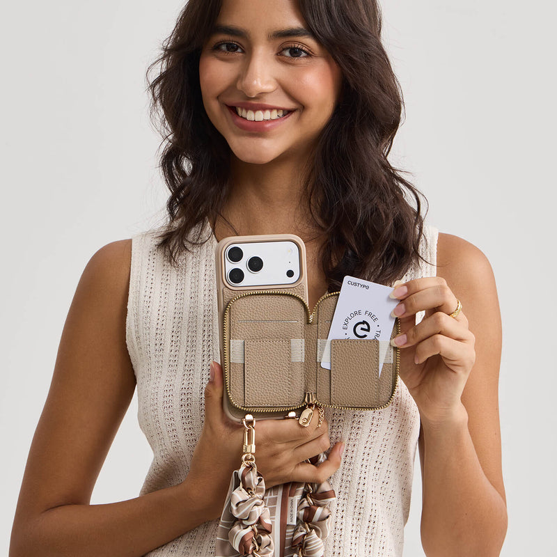Taupe iPhone 18 Pro Max detachable  phone case with card holder and wrist strap for shopping