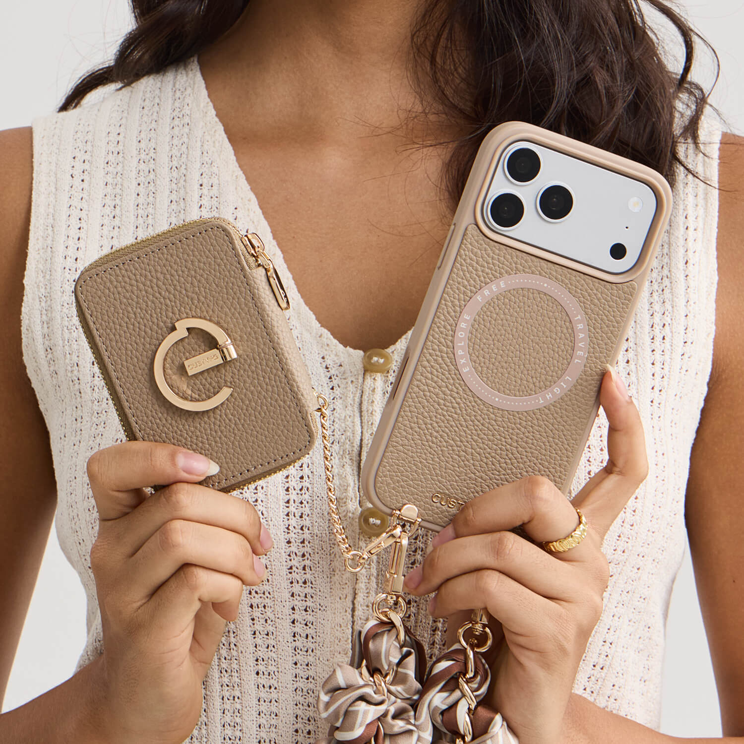 Silk Flair Set- Lychee Wrist Strap Wireless Charging Phone Case with Card Holder & Stand