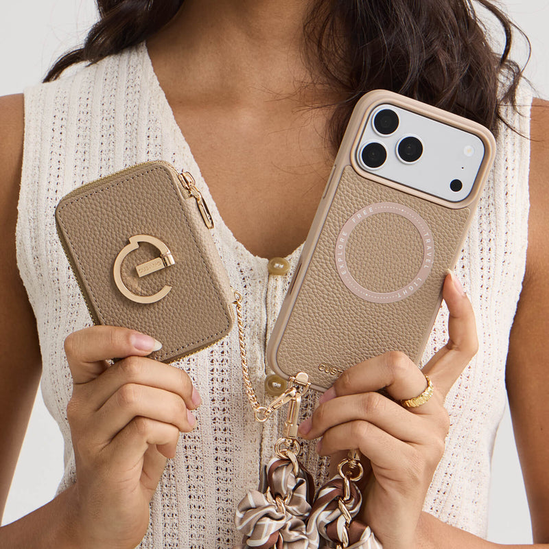 Taupe iPhone 18 Pro Max detachable wallet phone case with wrist strap for shopping




