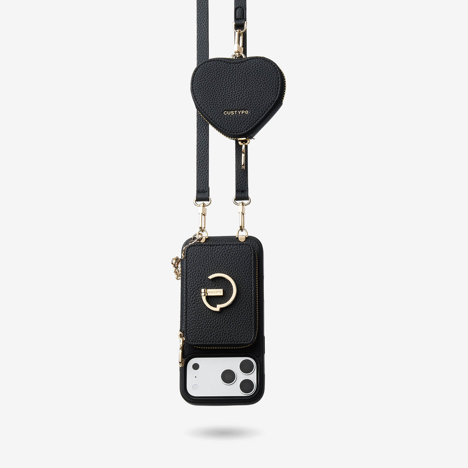 Black iPhone 17 Pro wallet case with magnetic wallet, crossbody strap and AirPods pouch
