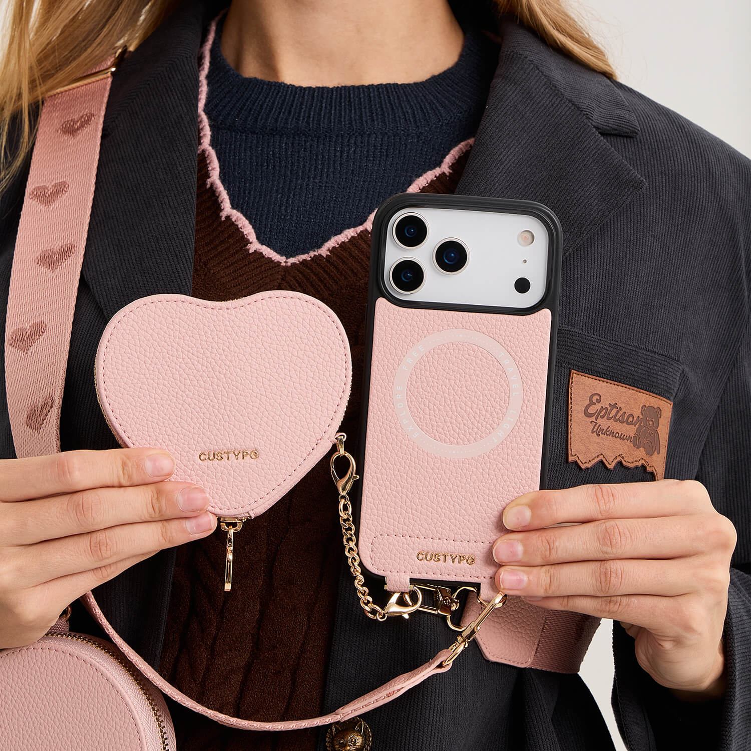 Morandi Leather Crossbody iPhone 17 Pro Max Case with Zipper Heart