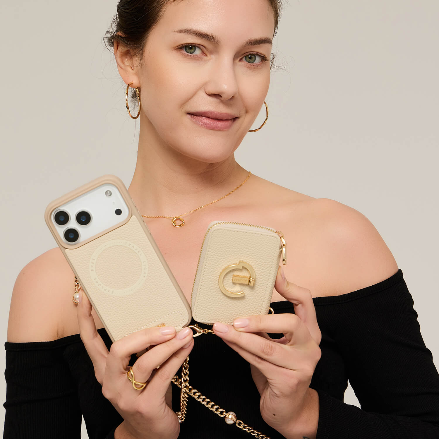 キャンディチェーンキット - マグネット式分離型ウォレットiPhoneケース（パールチェーン＆グリップ付き）