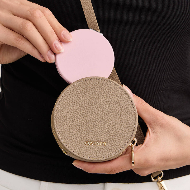taupe leather Round pouch for storage small items
