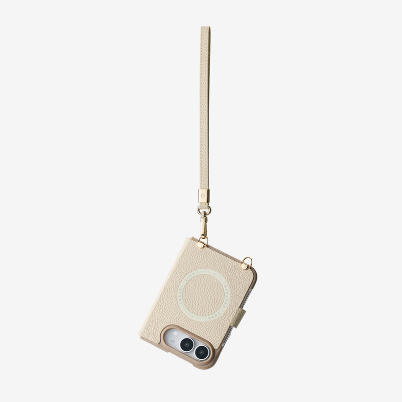 Beige leather iPhone Ultra phone case with a wrist strap, featuring a circular MagSafe-compatible ring