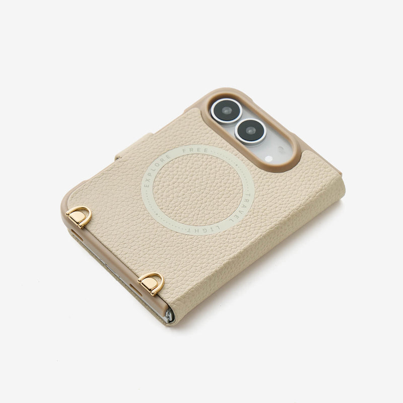 iPhone DUO beige leather folio case with gold-tone hardware and a circular magnetic ring