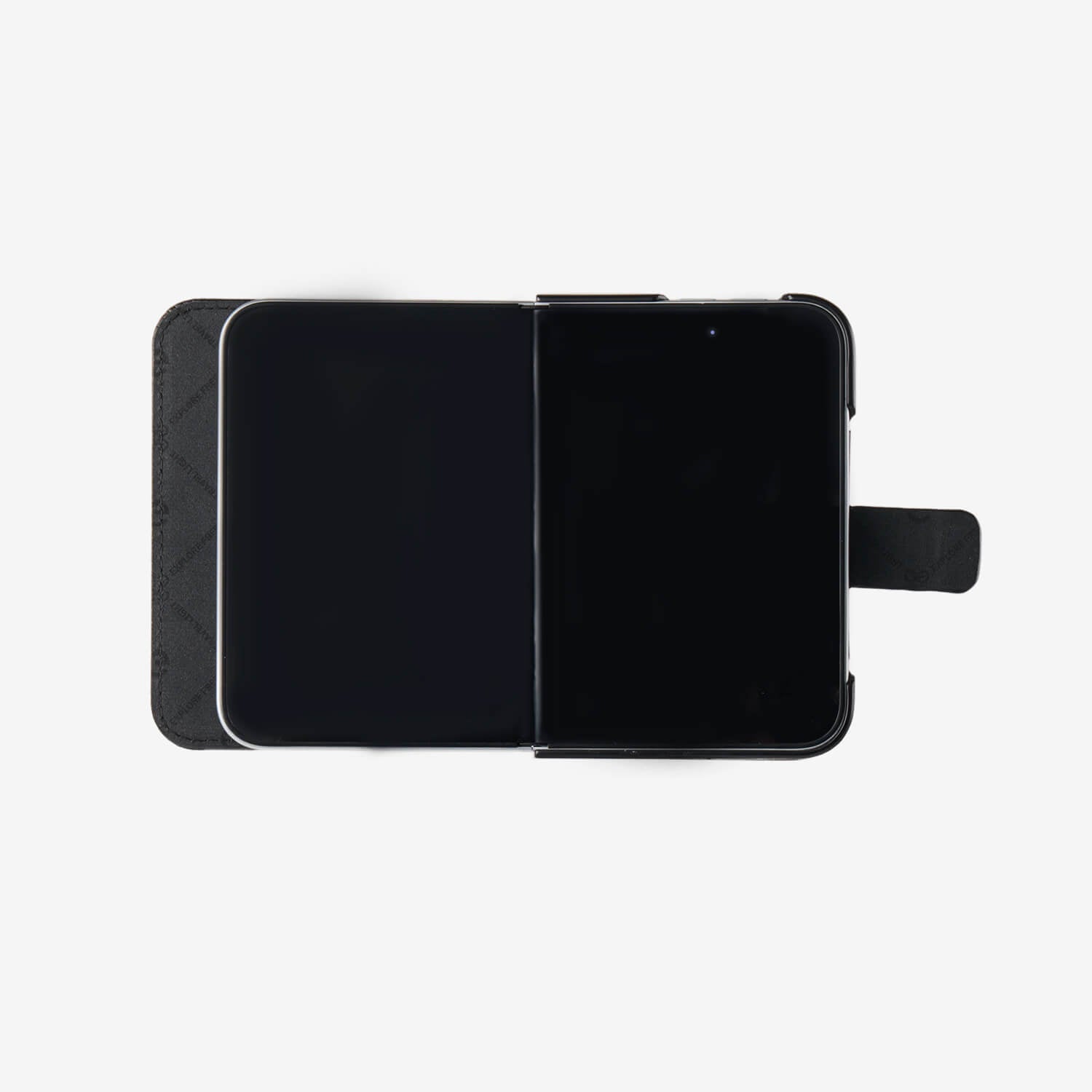 Sophisticated black iPhone Duo case featuring a textured leather surface and protective fold construction