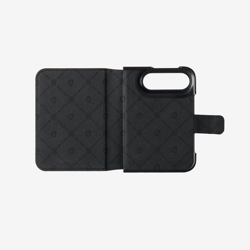 iPhone DUO MagSafe case with black leather refined texture and practical folio cover structure