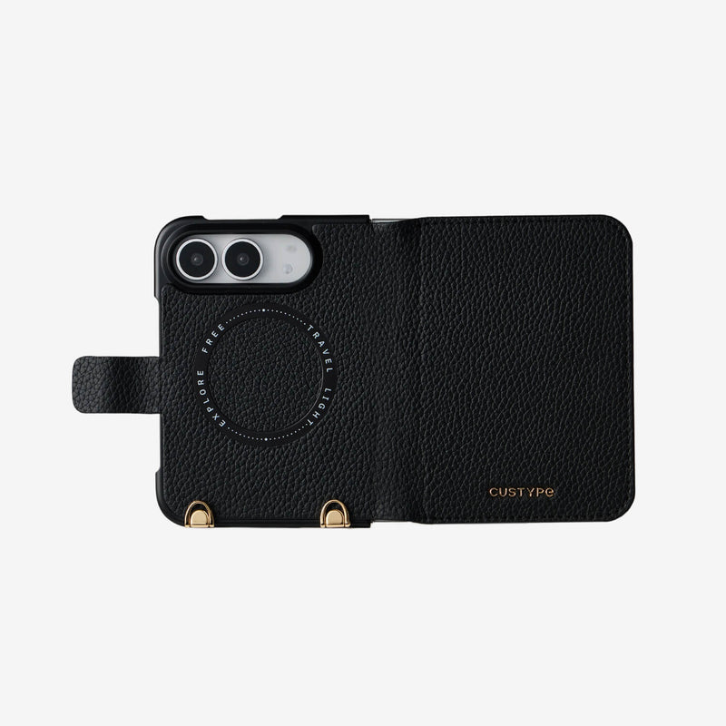 iPhone DUO case with premium black  leather finish, fold design and magnetic charging support for modern lifestyle