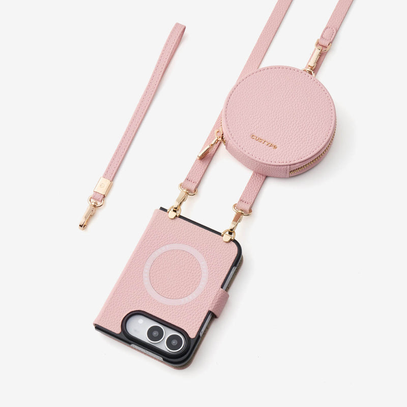 Aesthetic pink leather crossbody iPhone 18 Ultra fold set featuring a MagSafe ring, a round coin pouch, and a matching adjustable shoulder strap, all with gold-tone hardware