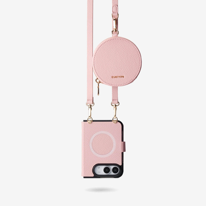 Elegant pink leather iPhone 18 Ultra folio case with a circular coin purse and shoulder strap and a MagSafe ring