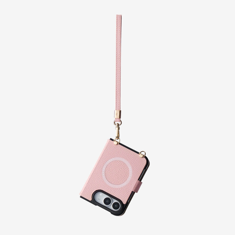 Pink leather iPhone 18 Ultra folio case with a matching wrist strap, gold-tone hardware