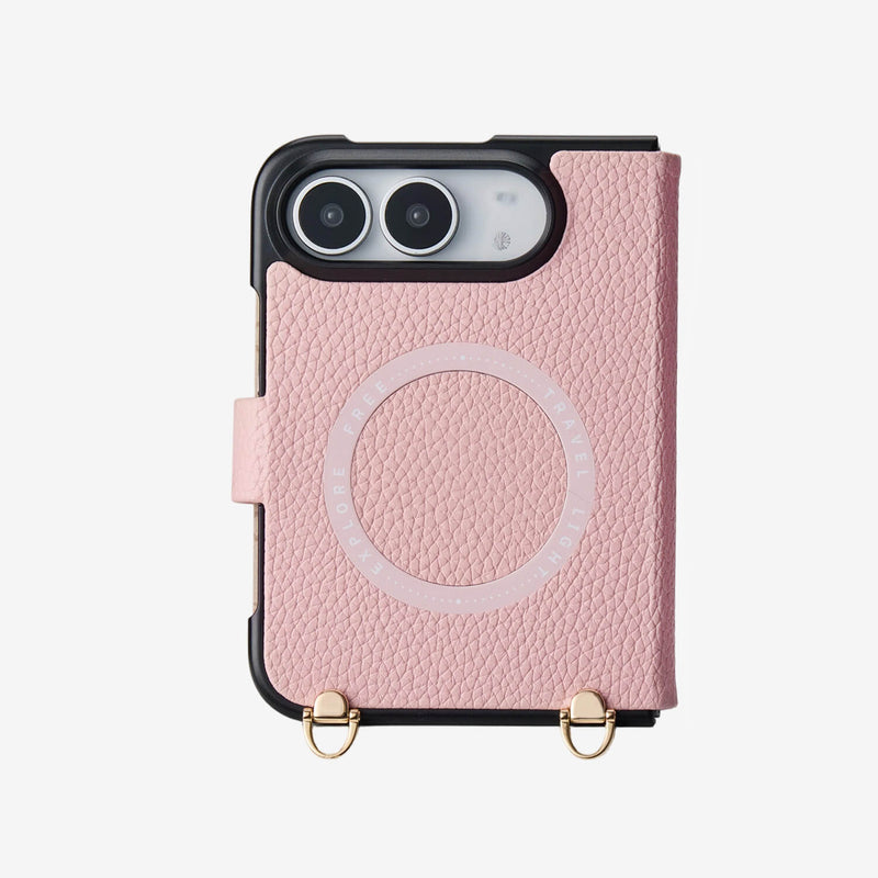 Stylish pink leather iPhone Ultra folio phone case with a circular MagSafe-compatible ring, and gold-tone hardware rings
