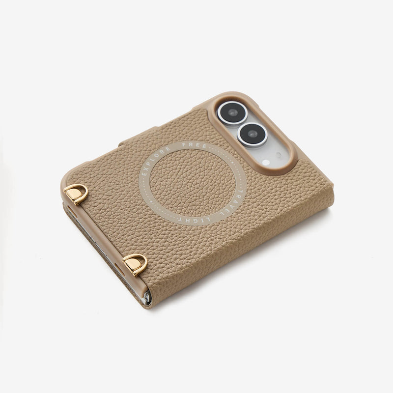 MagSafe-compatible iPhone DUO case with leather finish and fold cover design for commuting and travel