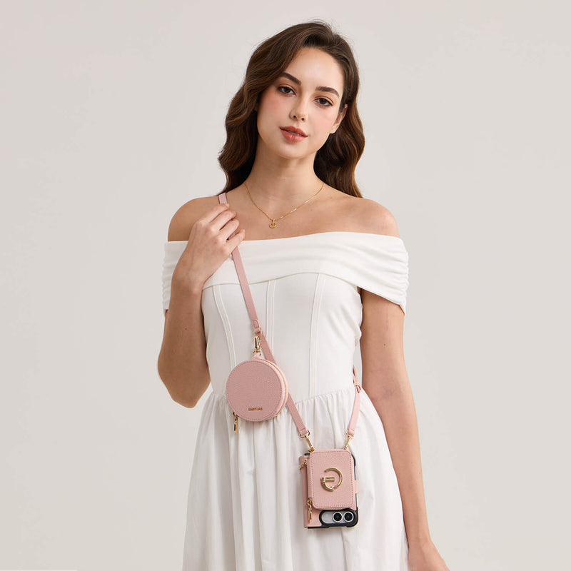 iPhone DUO crossbody wallet case with detachable pouch and elegant gold hardware