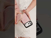 Light pink iPhone 17 Pro Max leather magSafe heart pouch with crossbody strap for walking
