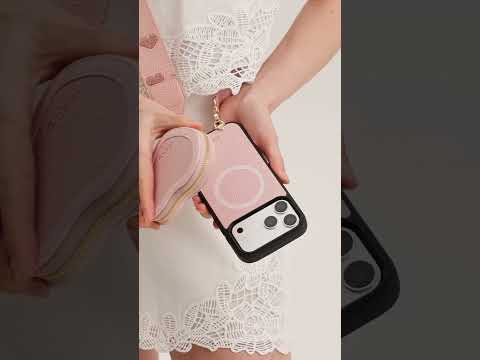 Light pink iPhone 17 Pro Max leather magSafe heart pouch with crossbody strap for walking
